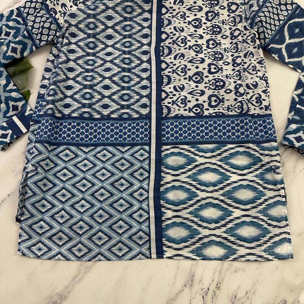 Vilagallo Womens Button Up Top Size 40 M Blue Ikat Stripe Mixed Print Light - Picture 13 of 13